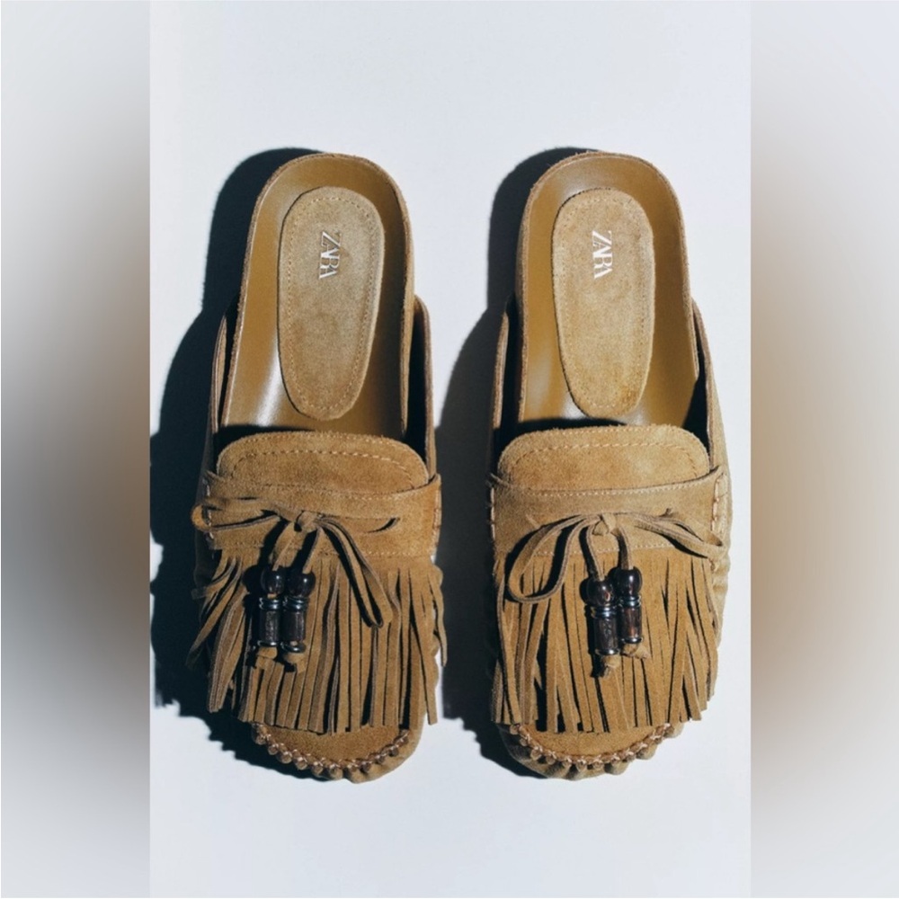 Zara Tan Suede Fringe Tassel Moccasin Mules